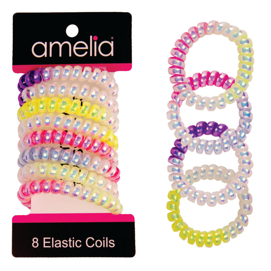 Amelia Beauty Products 8 Medium Smooth Elastic Mutli-Colored Hair Coils, 2.25in Diameter Spiral Hair Ties, Gentle Yet Strong Hold and Minimizes Dents, Assorted Mix