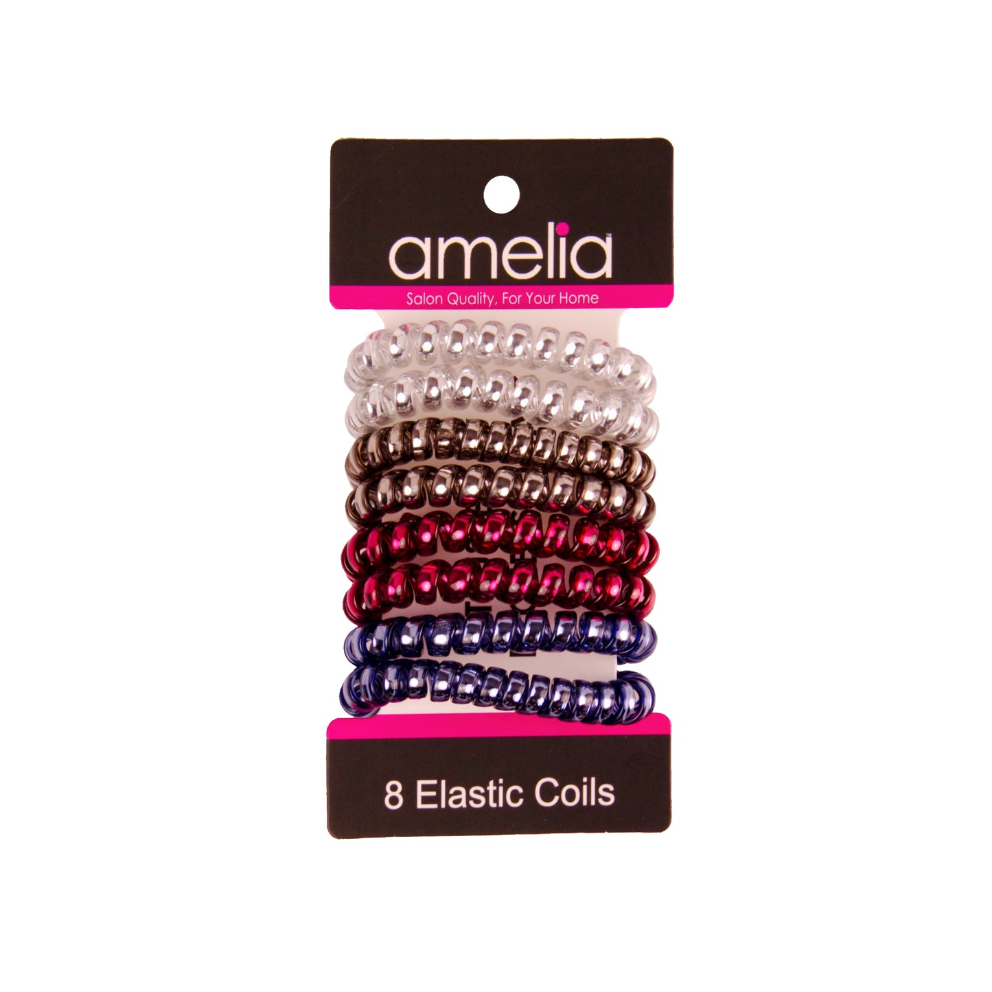 Amelia Beauty Products 8 Medium Smooth Elastic Hair Coils, 2.25in Diameter Spiral Hair Ties, Gentle on Hair, Strong Hold and Minimizes Dents and Creases, Sparkly Red and Blue Mix