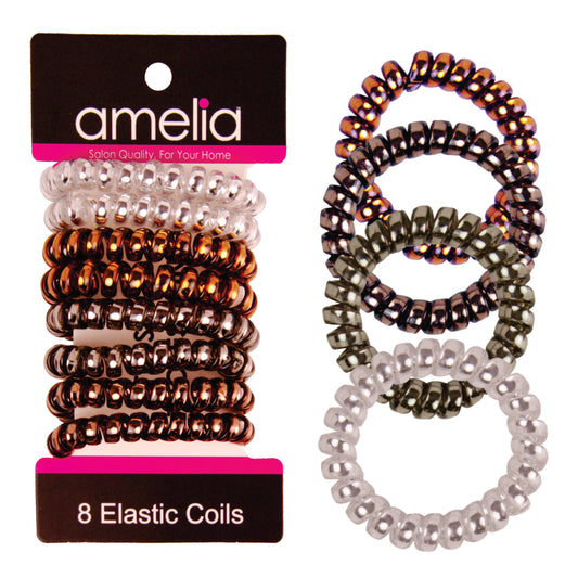 Amelia Beauty Products 8 Medium Smooth Elastic Hair Coils, 2.25in Diameter Spiral Hair Ties, Gentle on Hair, Strong Hold and Minimizes Dents and Creases, Earth Tones