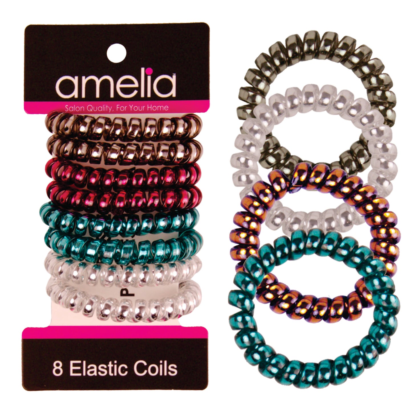 Amelia Beauty Products 8 Medium Smooth Elastic Hair Coils, 2.25in Diameter Spiral Hair Ties, Gentle on Hair, Strong Hold and Minimizes Dents and Creases, Sparkly Red and Green Mix
