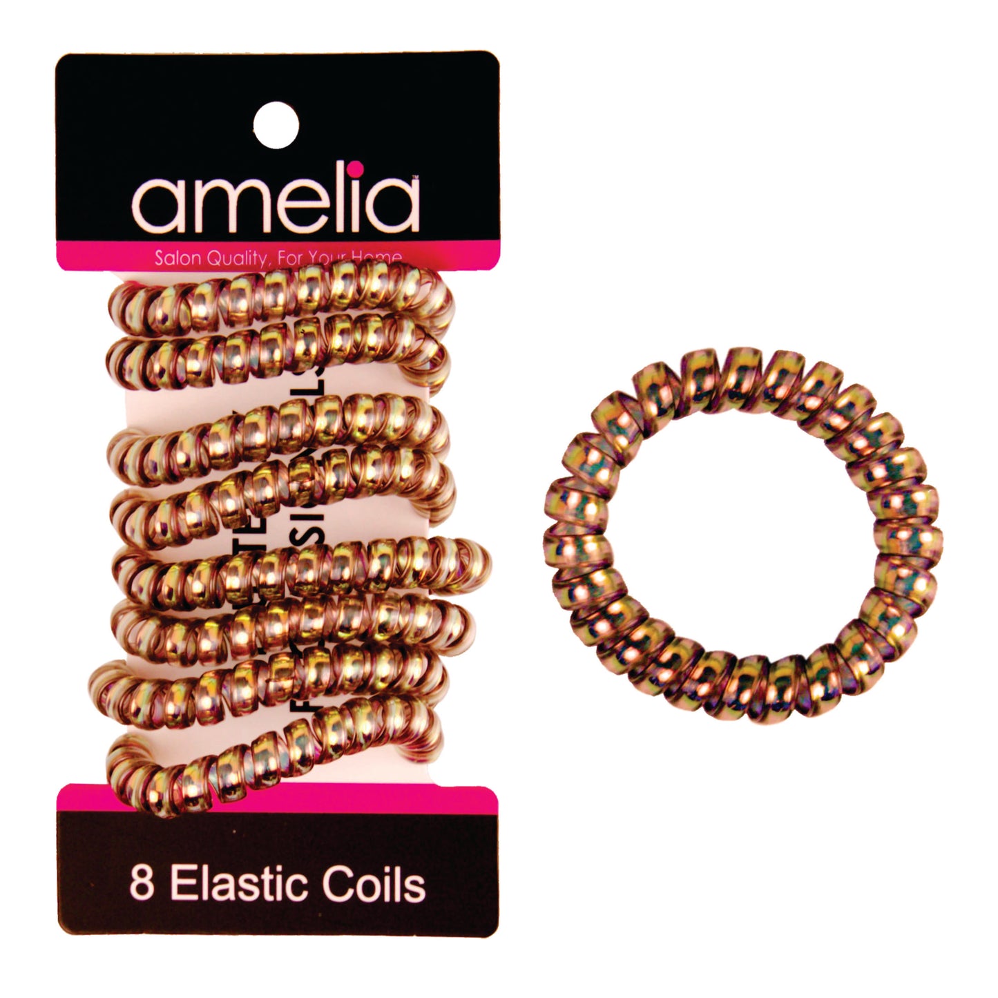 Amelia Beauty Products 8 Medium Smooth Elastic Hair Coils, 2.25in Diameter Spiral Hair Ties, Gentle on Hair, Strong Hold and Minimizes Dents and Creases, Bronze