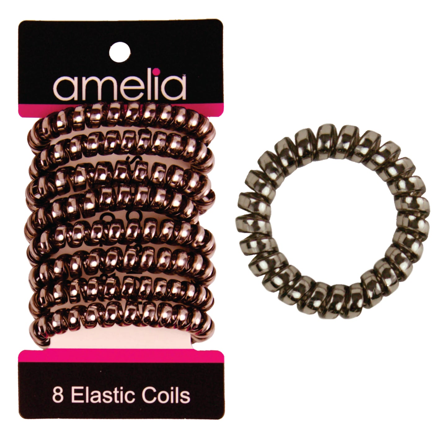 Amelia Beauty Products 8 Medium Smooth Elastic Hair Coils, 2.25in Diameter Spiral Hair Ties, Gentle on Hair, Strong Hold and Minimizes Dents and Creases, Nickel