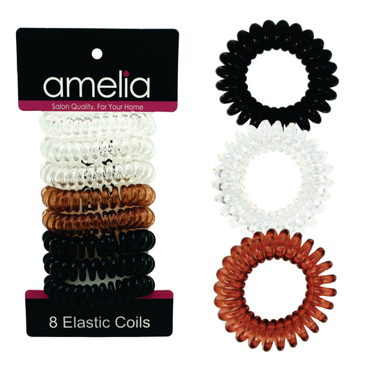 Amelia Beauty Products 8 Small Elastic Hair Coils, 1.5in Diameter Thick Spiral Hair Ties, Gentle on Hair, Strong Hold and Minimizes Dents and Creases, Black, Brown and Clear Mix