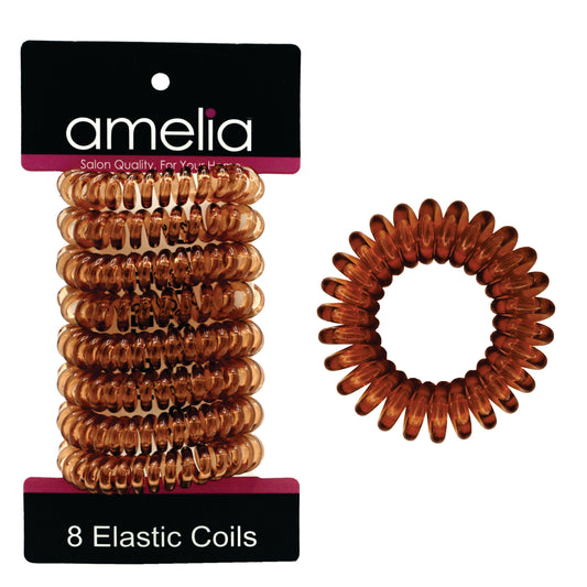 Amelia Beauty Products 8 Small Elastic Hair Coils, 1.5in Diameter Thick Spiral Hair Ties, Gentle on Hair, Strong Hold and Minimizes Dents and Creases, Brown