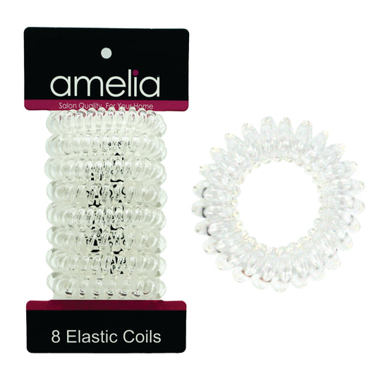Amelia Beauty Products 8 Small Elastic Hair Coils, 1.5in Diameter Thick Spiral Hair Ties, Gentle on Hair, Strong Hold and Minimizes Dents and Creases, Clear