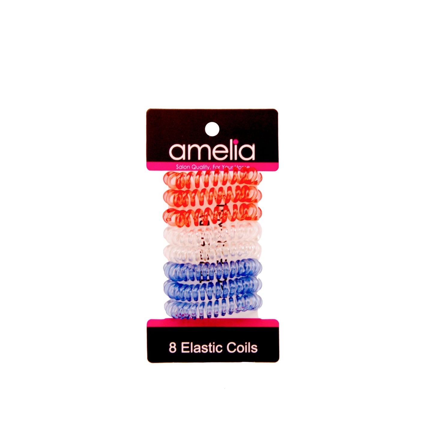 Amelia Beauty Products 8 Small Elastic Hair Coils, 1.5in Diameter Thick Spiral Hair Ties, Gentle on Hair, Strong Hold and Minimizes Dents and Creases, Red, Clear and Blue