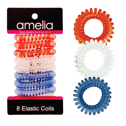 Amelia Beauty Products 8 Small Elastic Hair Coils, 1.5in Diameter Thick Spiral Hair Ties, Gentle on Hair, Strong Hold and Minimizes Dents and Creases, Red, Clear and Blue