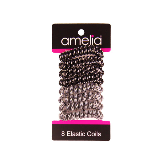 Amelia Beauty, 8 Small Fabric Wrapped Elastic Hair Coils, 1.75in Diameter Spiral Hair Ties, Gentle on Hair, Strong Hold and Minimizes Dents and Creases, Black/White Stripe Mix
