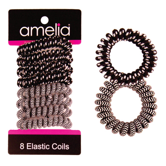 Amelia Beauty, 8 Small Fabric Wrapped Elastic Hair Coils, 1.75in Diameter Spiral Hair Ties, Gentle on Hair, Strong Hold and Minimizes Dents and Creases, Black/White Stripe Mix
