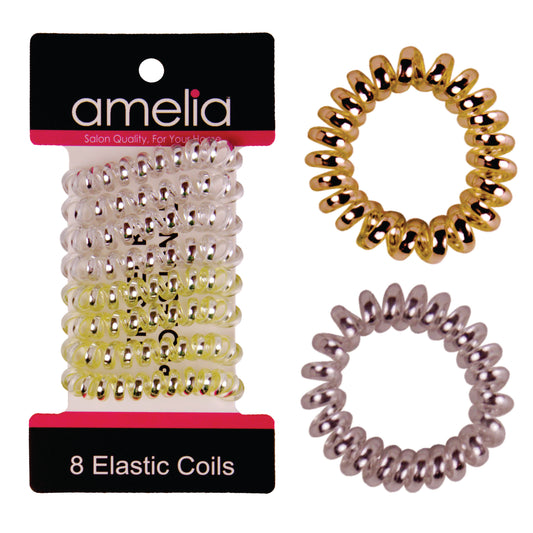 Amelia Beauty, 8 Small Shinny Elastic Hair Telephone Cord Coils, 1.5in Diameter Spiral Hair Ties, Strong Hold, Gentle on Hair, Silver and Gold Mix
