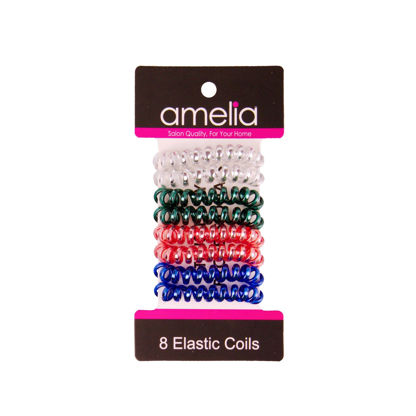 Amelia Beauty, 8 Small Shinny Elastic Hair Telephone Cord Coils, 1.5in Diameter Spiral Hair Ties, Strong Hold, Gentle on Hair, Silver, Red, Blue and Green Mix