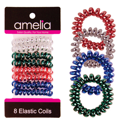 Amelia Beauty, 8 Small Shinny Elastic Hair Telephone Cord Coils, 1.5in Diameter Spiral Hair Ties, Strong Hold, Gentle on Hair, Silver, Red, Blue and Green Mix