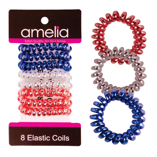 Amelia Beauty, 8 Small Shinny Elastic Hair Telephone Cord Coils, 1.5in Diameter Spiral Hair Ties, Strong Hold, Gentle on Hair, Red, Silver and Blue