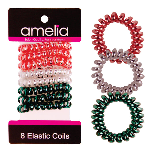 Amelia Beauty, 8 Small Shinny Elastic Hair Telephone Cord Coils, 1.5in Diameter Spiral Hair Ties, Strong Hold, Gentle on Hair, Red, Silver and Green