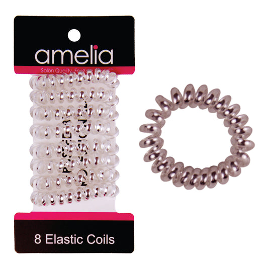 Amelia Beauty, 8 Small Shinny Elastic Hair Telephone Cord Coils, 1.5in Diameter Spiral Hair Ties, Strong Hold, Gentle on Hair, Silver