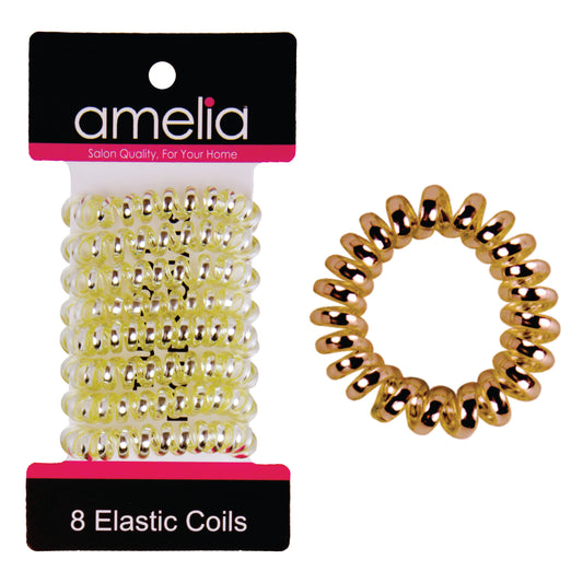 Amelia Beauty, 8 Small Shinny Elastic Hair Telephone Cord Coils, 1.5in Diameter Spiral Hair Ties, Strong Hold, Gentle on Hair, Gold