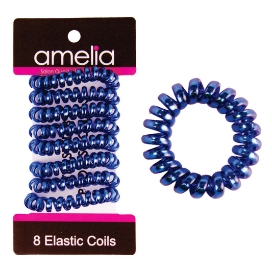 Amelia Beauty, 8 Small Shinny Elastic Hair Telephone Cord Coils, 1.5in Diameter Spiral Hair Ties, Strong Hold, Gentle on Hair, Blue