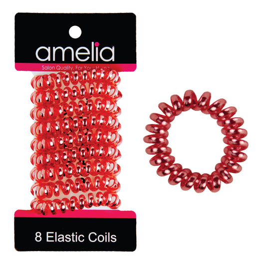 Amelia Beauty, 8 Small Shinny Elastic Hair Telephone Cord Coils, 1.5in Diameter Spiral Hair Ties, Strong Hold, Gentle on Hair, Red