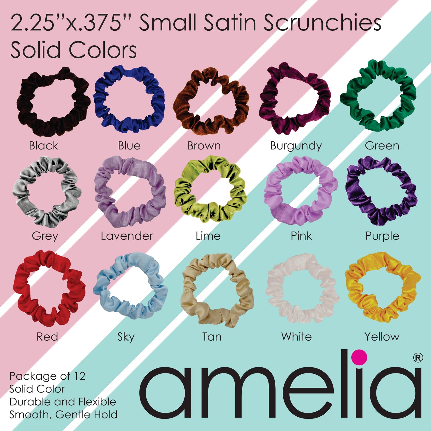 Amelia Beauty, Purple Satin Scrunchies, 2.25in Diameter, Gentle on Hair, Strong Hold, No Snag, No Dents or Creases. 12 Pack