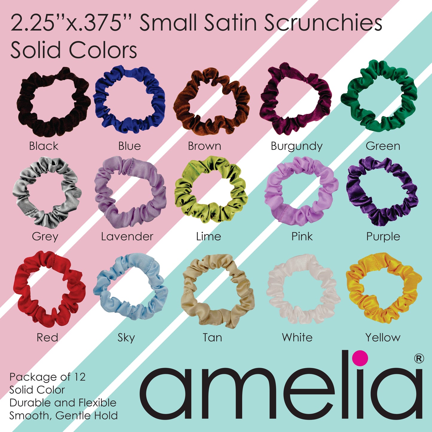 Amelia Beauty, Ocean Mix Satin Scrunchies, 2.25in Diameter, Gentle on Hair, Strong Hold, No Snag, No Dents or Creases. 12 Pack