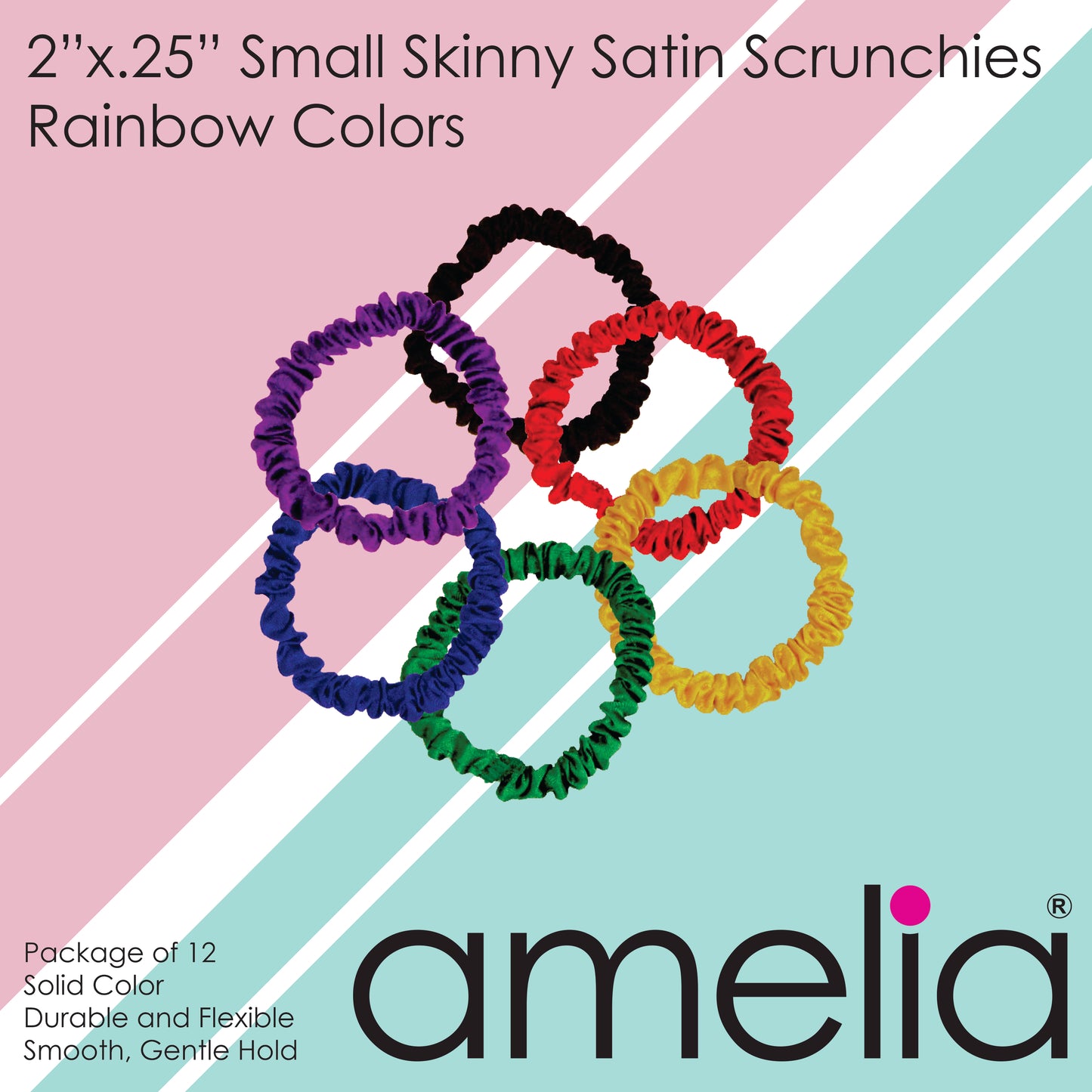 Amelia Beauty, Rainbow Colors Skinny Satin Scrunchies, 2in Diameter, Gentle and Strong Hold, No Snag, No Dents or Creases. 12 Pack