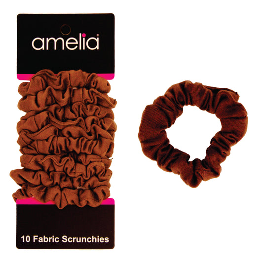 Amelia Beauty, Medium Brown Jersey Scrunchies, 2.5in Diameter, Gentle on Hair, Strong Hold, No Snag, No Dents or Creases. 10 Pack