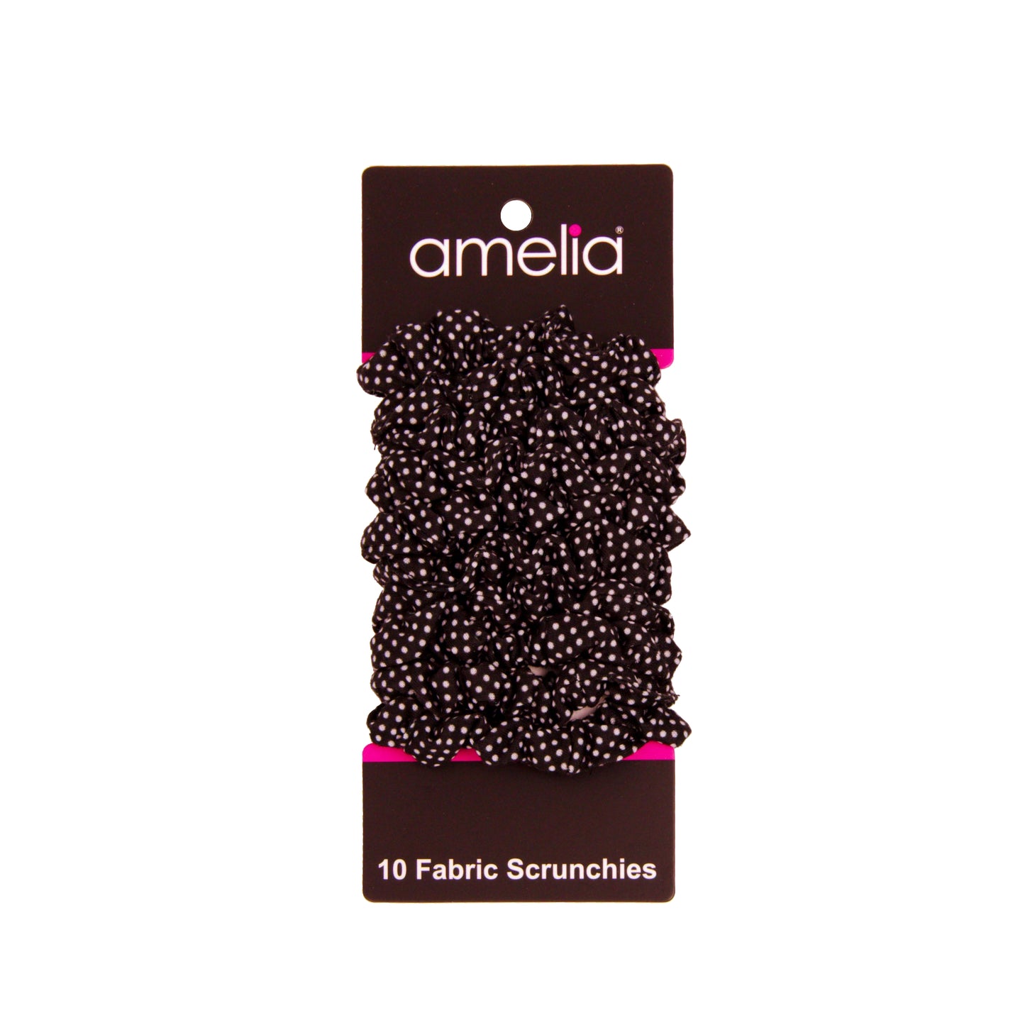 Amelia Beauty, Medium Black White Dot Jersey Scrunchies, 2.5in Diameter, Gentle on Hair, Strong Hold, No Snag, No Dents or Creases. 10 Pack