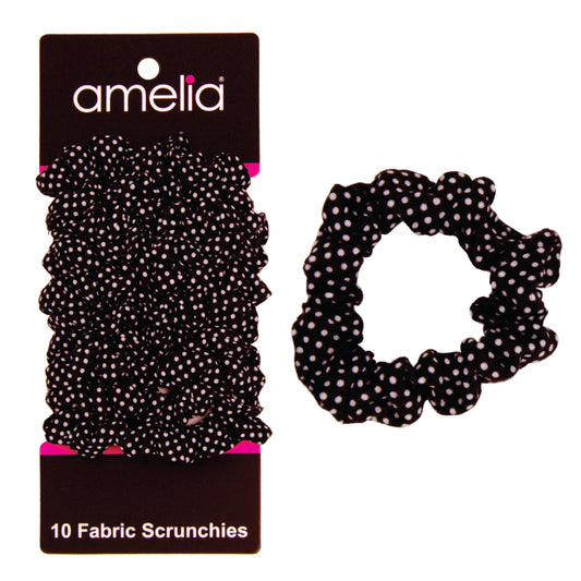 Amelia Beauty, Medium Black White Dot Jersey Scrunchies, 2.5in Diameter, Gentle on Hair, Strong Hold, No Snag, No Dents or Creases. 10 Pack