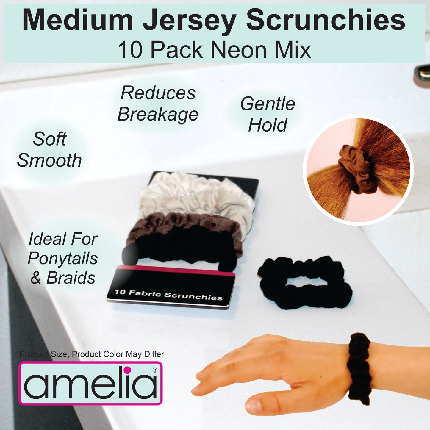 Amelia Beauty, Medium Earth Tones Jersey Scrunchies, 2.5in Diameter, Gentle on Hair, Strong Hold, No Snag, No Dents or Creases. 10 Pack