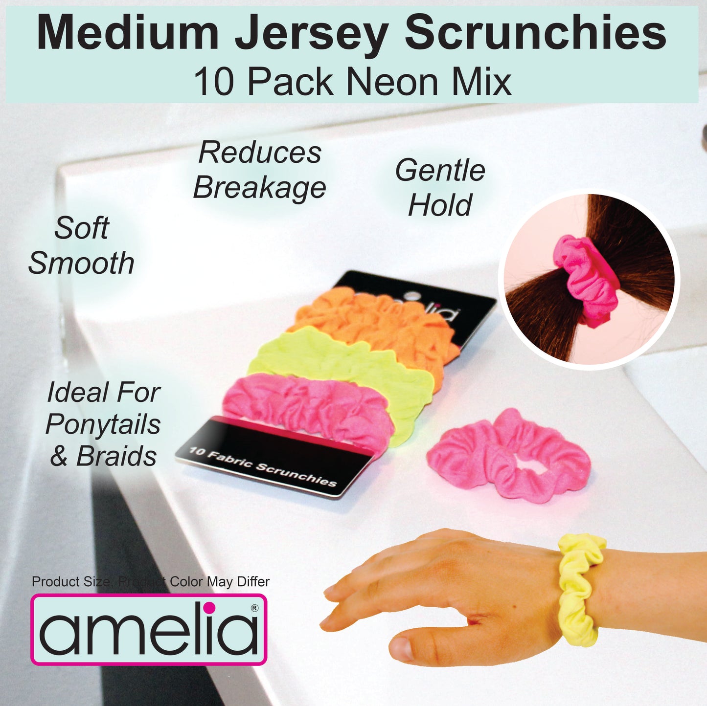 Amelia Beauty, Medium Neon Jersey Scrunchies, 2.5in Diameter, Gentle on Hair, Strong Hold, No Snag, No Dents or Creases. 10 Pack