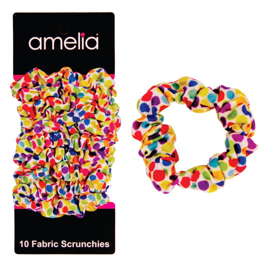 Amelia Beauty, Medium Rainbow Dot Jersey Scrunchies, 2.5in Diameter, Gentle on Hair, Strong Hold, No Snag, No Dents or Creases. 10 Pack