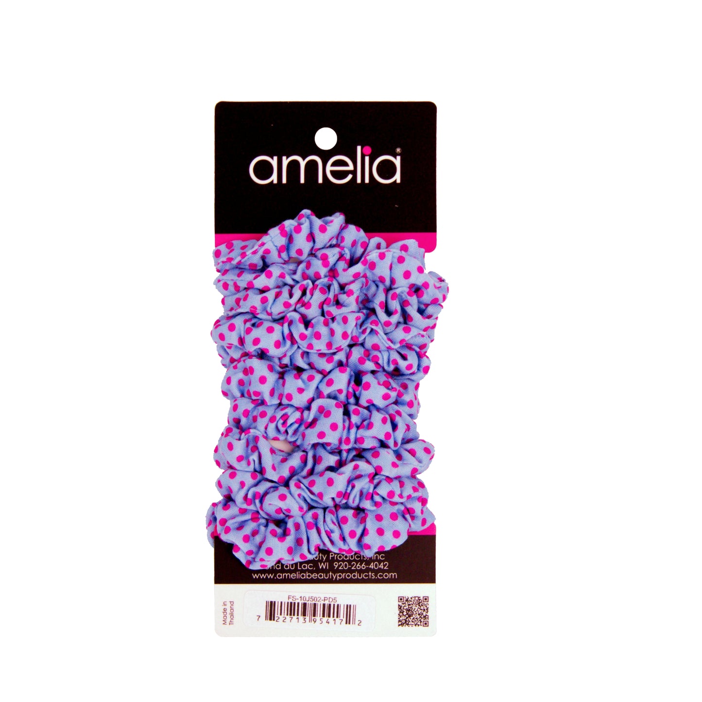 Amelia Beauty, Medium Pink Blue Dot Jersey Scrunchies, 2.5in Diameter, Gentle on Hair, Strong Hold, No Snag, No Dents or Creases. 10 Pack