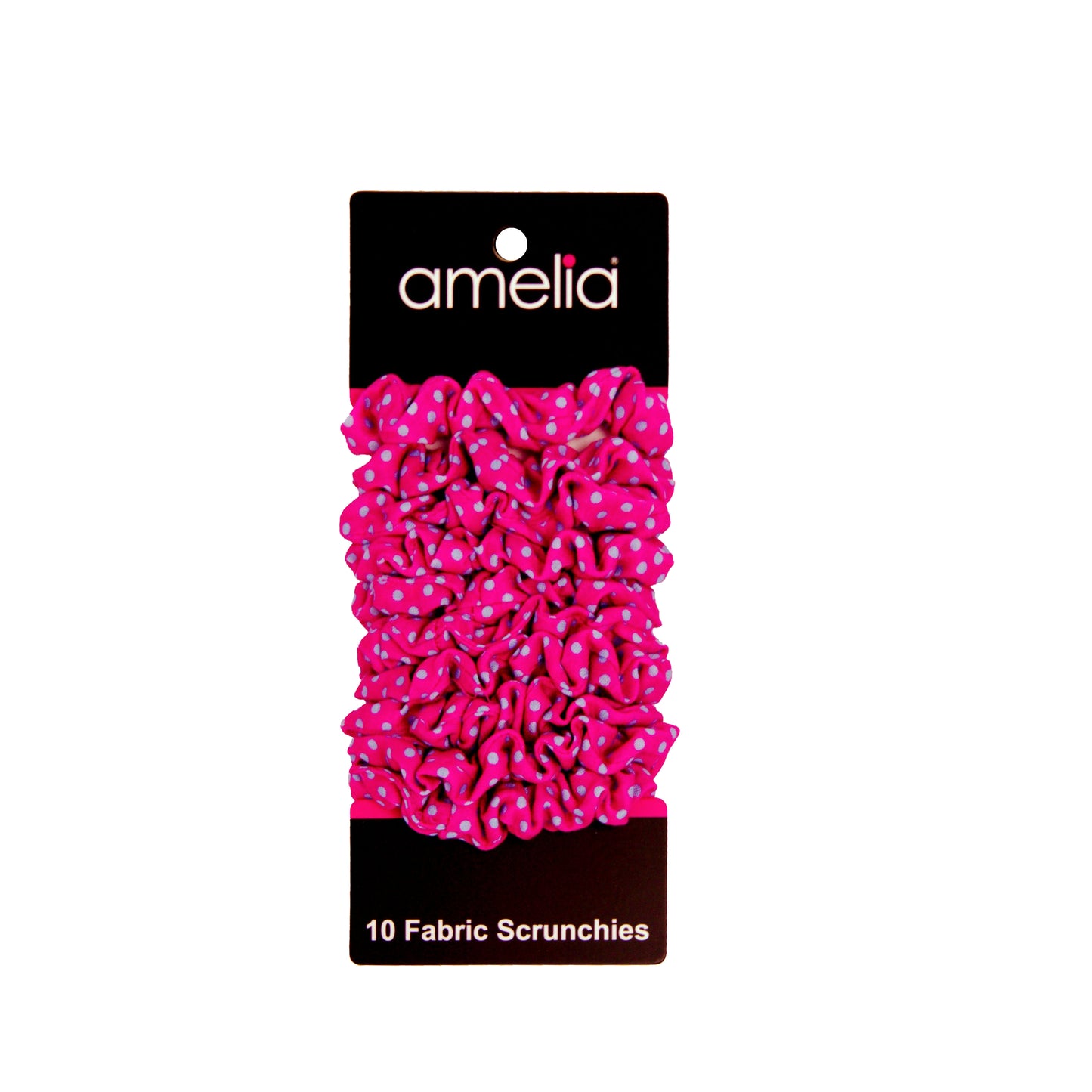 Amelia Beauty, Medium Pink with Blue Polka Dot Jersey Scrunchies, 2.5in Diameter, Gentle on Hair, Strong Hold, No Snag, No Dents or Creases. 10 Pack