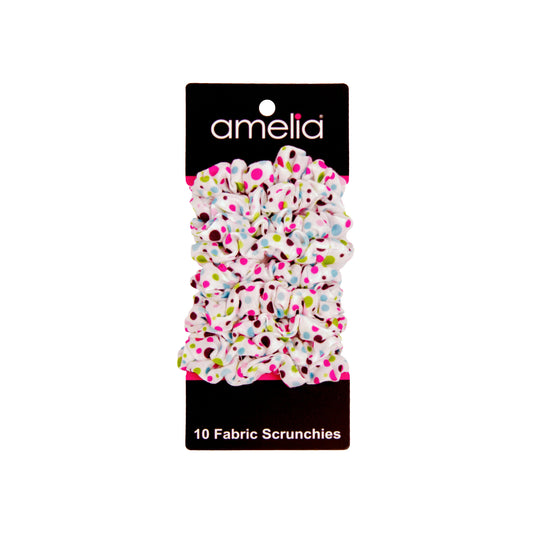 Amelia Beauty, Medium Pastel Dot Jersey Scrunchies, 2.5in Diameter, Gentle on Hair, Strong Hold, No Snag, No Dents or Creases. 10 Pack