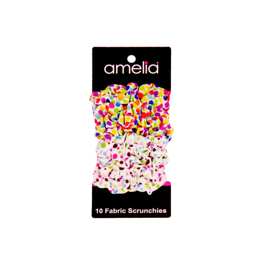 Amelia Beauty, Medium Rainbow and Pastel Dot Mix Jersey Scrunchies, 2.5in Diameter, Gentle on Hair, Strong Hold, No Snag, No Dents or Creases. 10 Pack