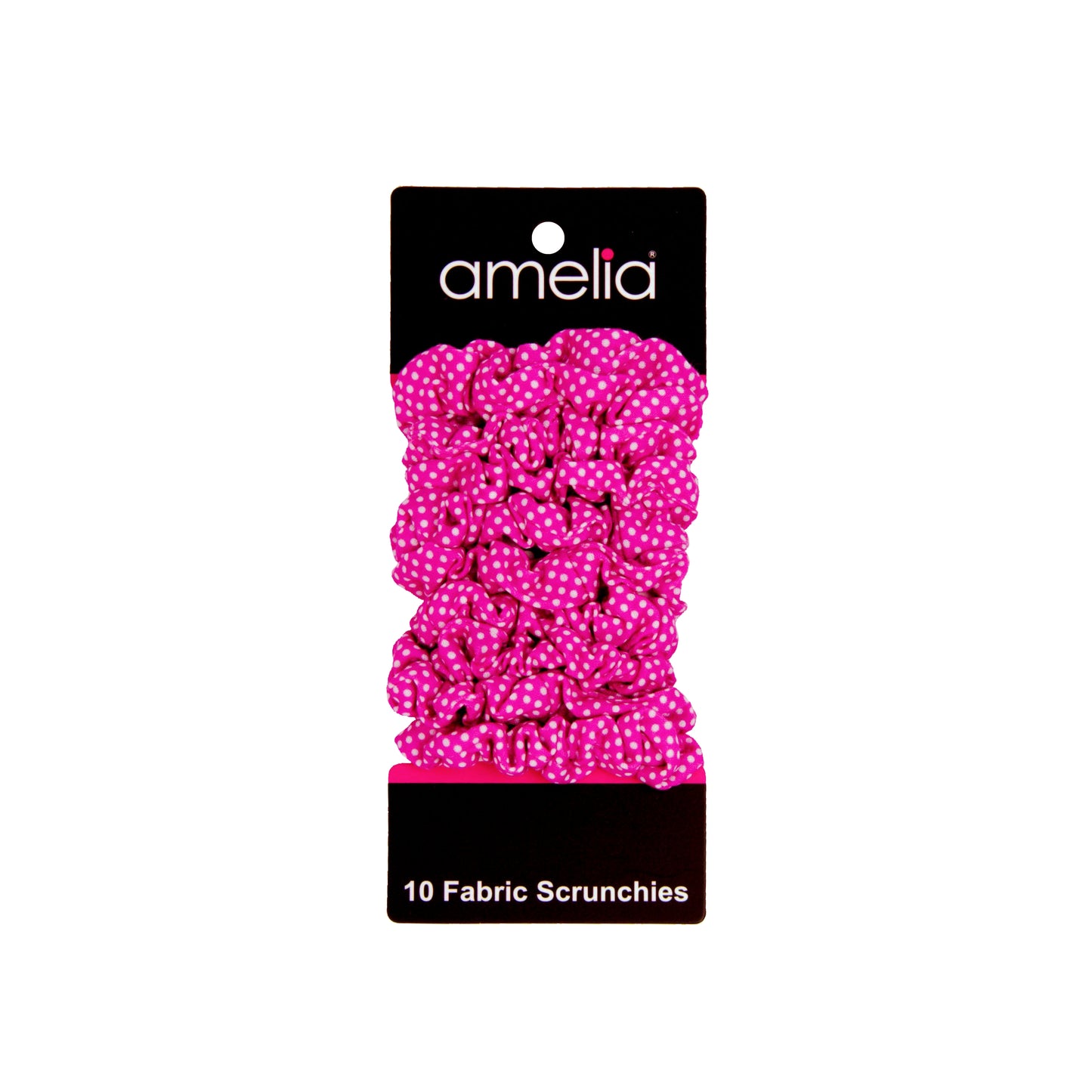 Amelia Beauty, Medium Pink with White Polka Dot Jersey Scrunchies, 2.5in Diameter, Gentle on Hair, Strong Hold, No Snag, No Dents or Creases. 10 Pack