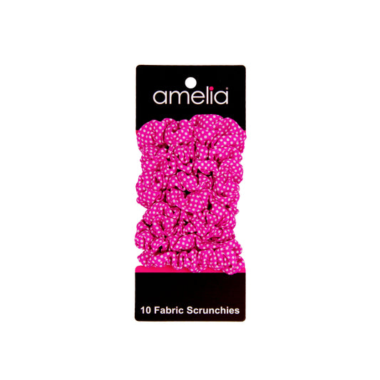 Amelia Beauty, Medium Pink with White Polka Dot Jersey Scrunchies, 2.5in Diameter, Gentle on Hair, Strong Hold, No Snag, No Dents or Creases. 10 Pack