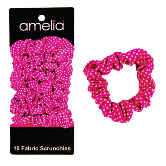 Amelia Beauty, Medium Pink with White Polka Dot Jersey Scrunchies, 2.5in Diameter, Gentle on Hair, Strong Hold, No Snag, No Dents or Creases. 10 Pack