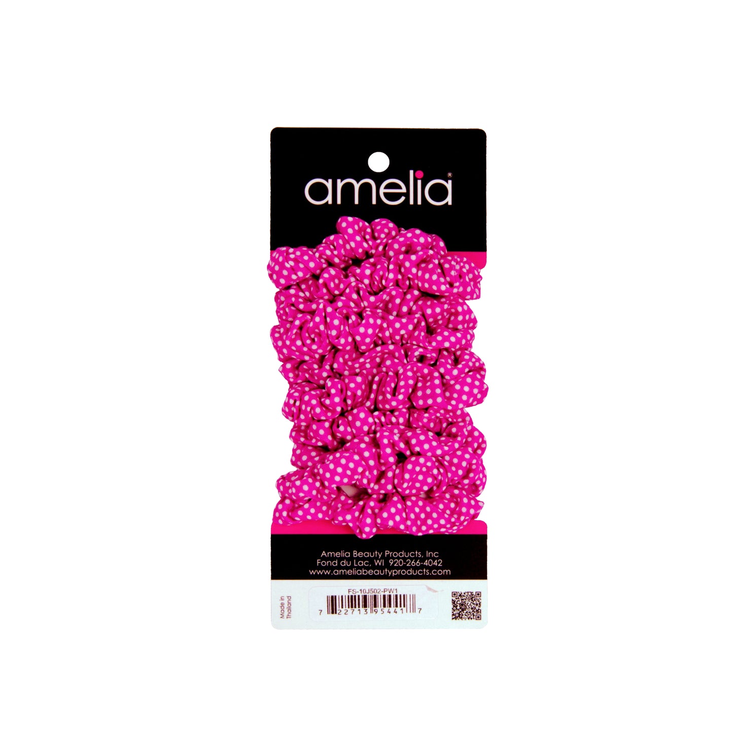Amelia Beauty, Medium Pink with White Polka Dot Jersey Scrunchies, 2.5in Diameter, Gentle on Hair, Strong Hold, No Snag, No Dents or Creases. 10 Pack