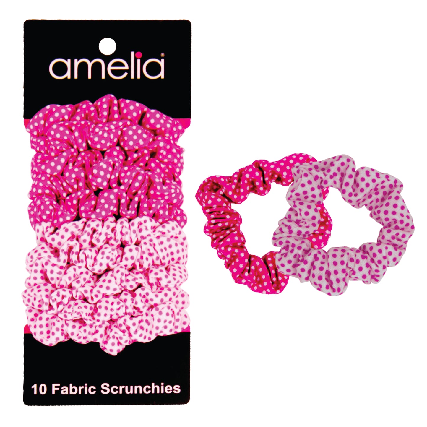 Amelia Beauty, Medium Pink and White Dot Mix Jersey Scrunchies, 2.5in Diameter, Gentle on Hair, Strong Hold, No Snag, No Dents or Creases. 10 Pack