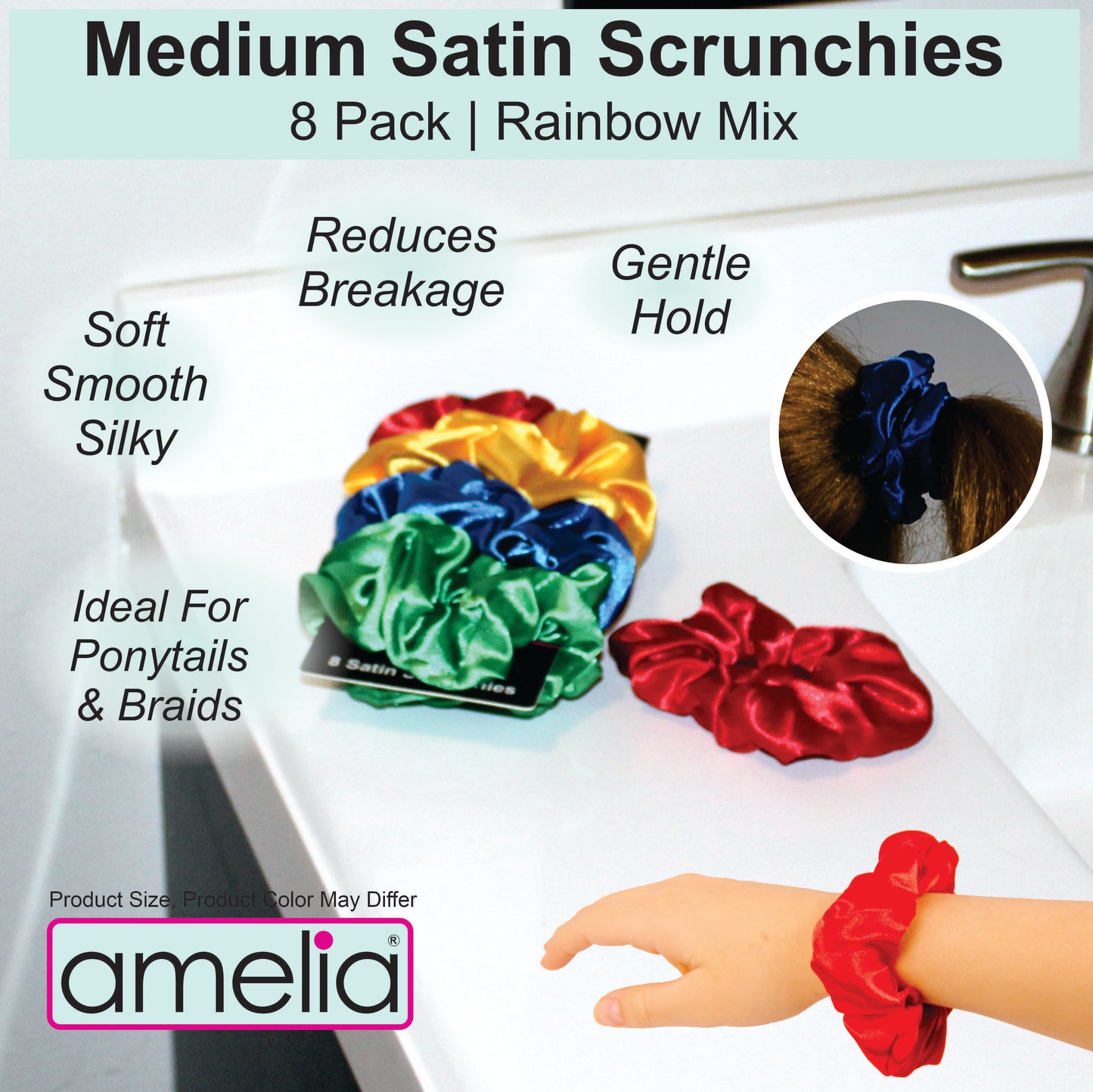 Amelia Beauty Products, Rainbow Colors Satin Scrunchies, 3.5in Diameter, Gentle on Hair, Strong Hold, No Snag, No Dents or Creases. 8 Pack