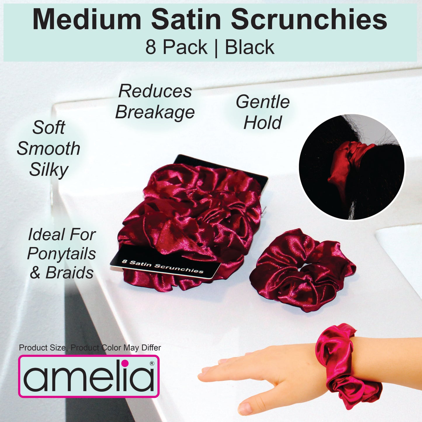 Amelia Beauty Products, Burnt Red Satin Scrunchies, 3.5in Diameter, Gentle on Hair, Strong Hold, No Snag, No Dents or Creases. 8 Pack