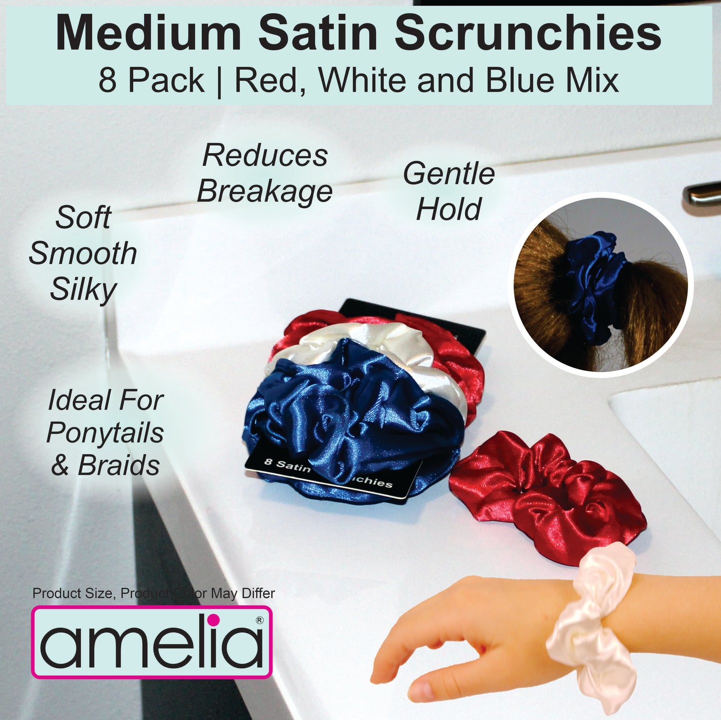 Amelia Beauty Products, Red, White and Blue Satin Scrunchies, 3.5in Diameter, Gentle on Hair, Strong Hold, No Snag, No Dents or Creases. 8 Pack