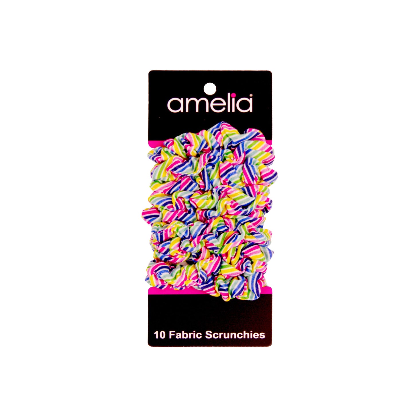 Amelia Beauty, Medium Rainbow Stripe Jersey Scrunchies, 2.5in Diameter, Gentle on Hair, Strong Hold, No Snag, No Dents or Creases. 10 Pack