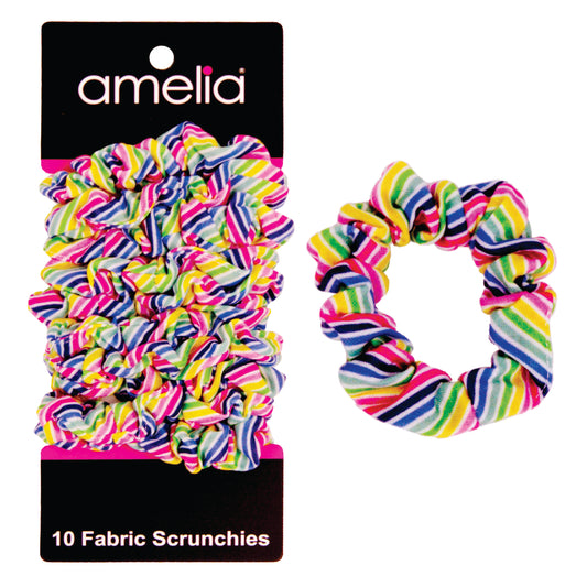 Amelia Beauty, Medium Rainbow Stripe Jersey Scrunchies, 2.5in Diameter, Gentle on Hair, Strong Hold, No Snag, No Dents or Creases. 10 Pack