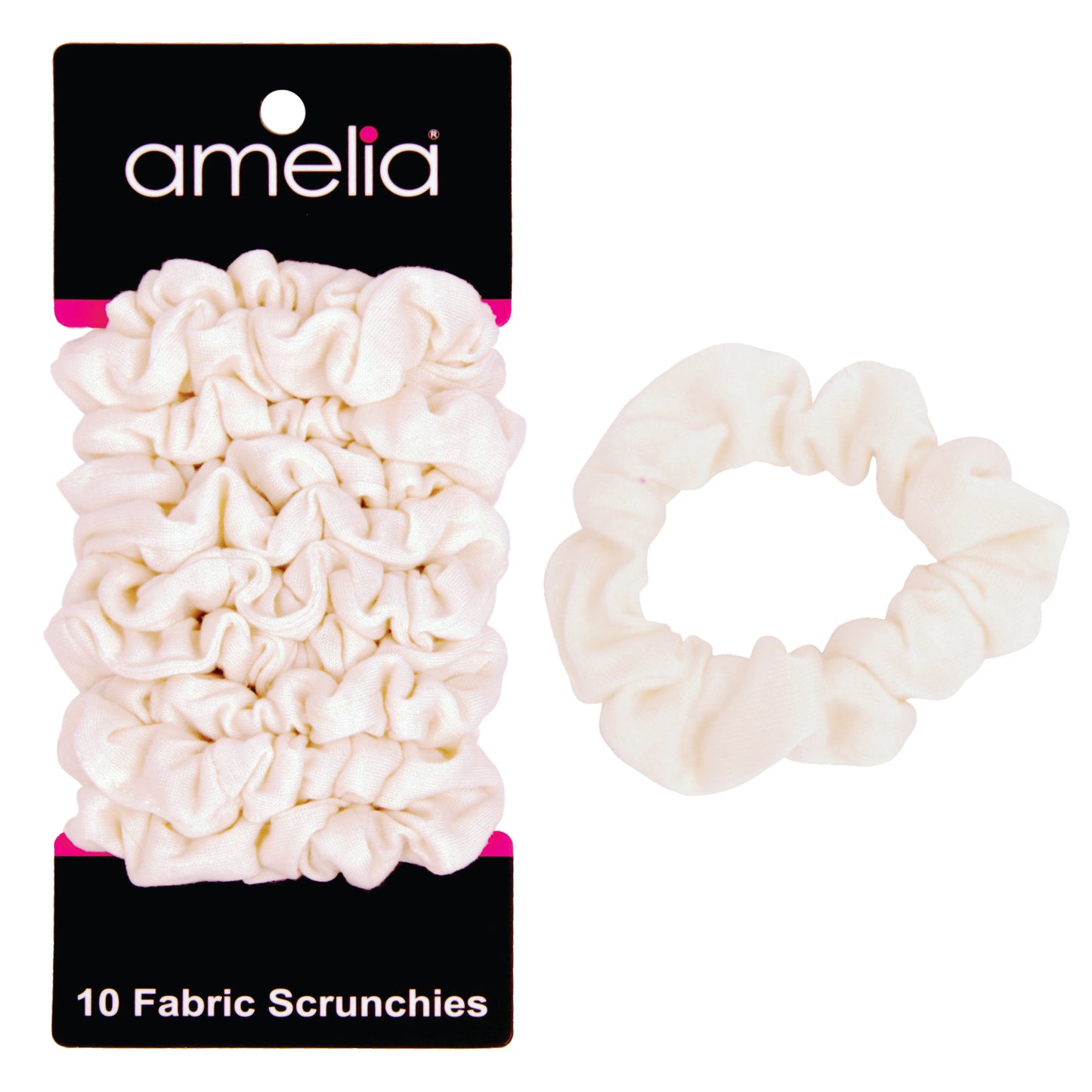 Amelia Beauty, Medium White Jersey Scrunchies, 2.5in Diameter, Gentle on Hair, Strong Hold, No Snag, No Dents or Creases. 10 Pack