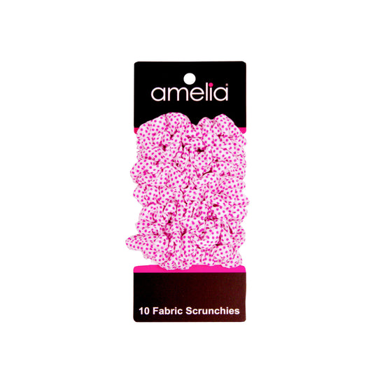 Amelia Beauty, Medium White with Pink Polka Dot Jersey Scrunchies, 2.5in Diameter, Gentle on Hair, Strong Hold, No Snag, No Dents or Creases. 10 Pack