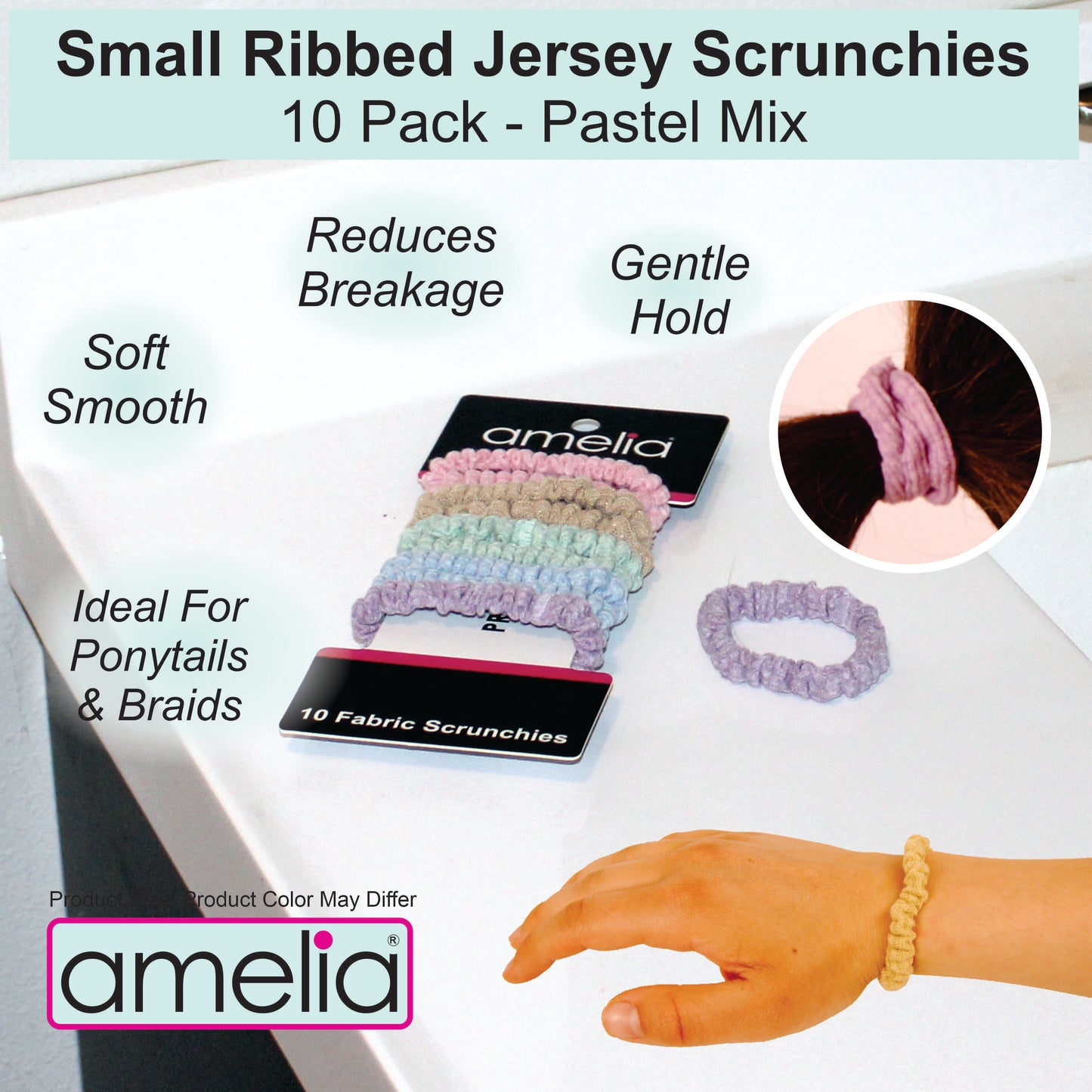 Amelia Beauty, Pastels Ribbed Scrunchies, 2.25in Diameter, Gentle on Hair, Strong Hold, No Snag, No Dents or Creases. 10 Pack
