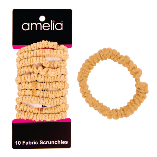 Amelia Beauty, Tan Ribbed Scrunchies, 2.25in Diameter, Gentle on Hair, Strong Hold, No Snag, No Dents or Creases. 10 Pack