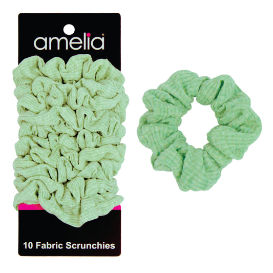 Amelia Beauty, Medium Pastel Green Ribbed Scrunchies, 2.5in Diameter, Gentle on Hair, Strong Hold, No Snag, No Dents or Creases. 10 Pack